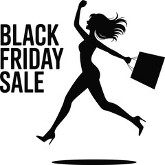 Stylish woman silhouette running with a shopping bag during a Black Friday sale. Vector illustration for retail promotion.