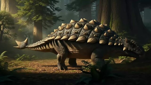 A heavily armored ankylosaurus walks through a misty prehistoric forest