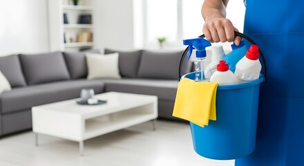 Person holding bucket with cleaning products in a clean and tidy house