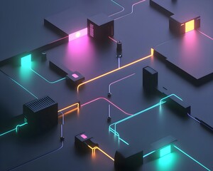 Futuristic Data Transmission Lines Connecting Servers for High-Speed Digital Communication, Glowing Neon Data Cables and Digital Nodes in Futuristic Network Infrastructure Design, and cybersecurity