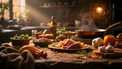 Fototapeta premium Warmly Lit Kitchen Scene with Fresh Ingredients and Cooking Pan