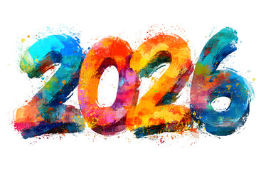 Abstract watercolor painting of the year 2026 isolated on transparent background
