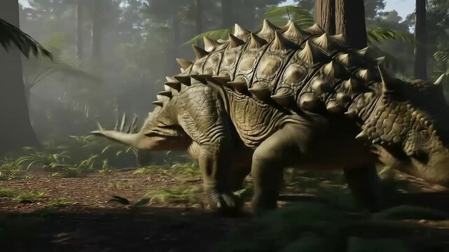 Armored dinosaur with spikes walks through a misty prehistoric forest