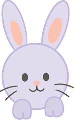A purple rabbit with big ears and a pink nose is clinging.