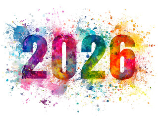 Bright watercolor painting of the year 2026 isolated on transparent background
