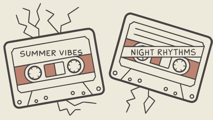 Two cassette tapes labeled summer vibes and night rhythms evoke a sense of retro music and nostalgia isolated on white background