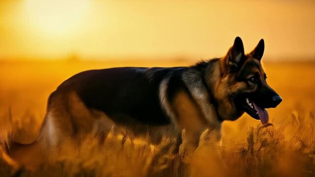 German shepherd dog standing in a field of tall grass during a golden hour sunset scene outdoors animal video