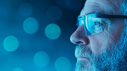 Man in futuristic goggles focused on digital data