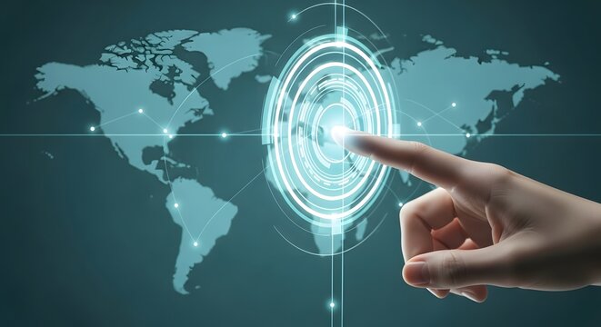 Finger touching a digital world map with global connection