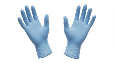 Obraz premium Pair of blue surgical gloves isolated on white background for medical and cleaning uses.