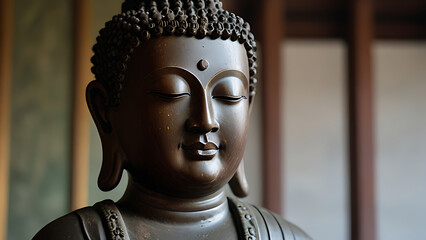 Buddha statue in serene resting position.
