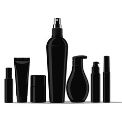 Vector illustration set of blank black cosmetic packaging mockups. Bottles, tubes, and jars for product branding.