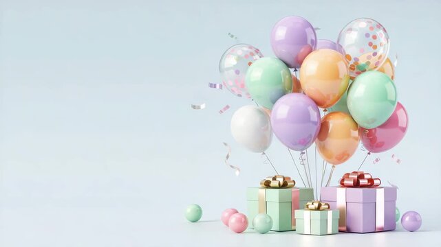 Pastel balloons and gifts background for birthday party celebration design idea