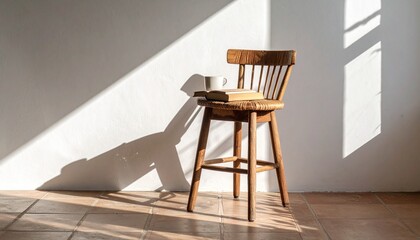 A rustic wooden stool with a book and coffee mug rests in the warm sunlight, casting a strong shadow on a textured white wall.