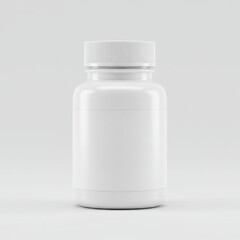 White plastic bottle isolated on white background for medicine, pills, capsules, vitamins, supplements, drugs, mockup, and packaging.