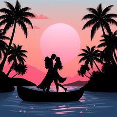 Romantic couple silhouetted in a boat at sunset with palm trees