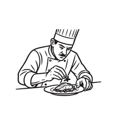 Chef meticulously garnishing a dish with fine detail in a classic silhouette isolated on white background