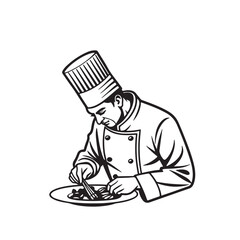 Skilled chef in uniform preparing a dish on a plate silhouette isolated on white background