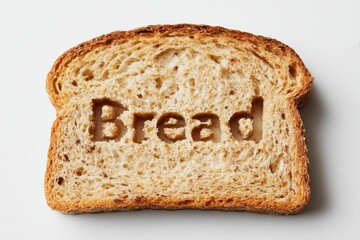Whole wheat bread slice with central 'Bread' text indentation. Clean food photography on solid background with soft lighting.