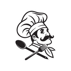 Classic chef silhouette with crossed spoon and fork isolated on white background