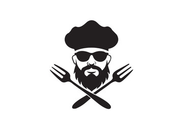 Cool chef silhouette with crossed forks and sunglasses isolated on white background