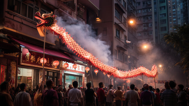 Long Glowing Dragon Emerges From Shopfront with Smoke Trail in Tai Hang Fire Dragon Festival Street Procession