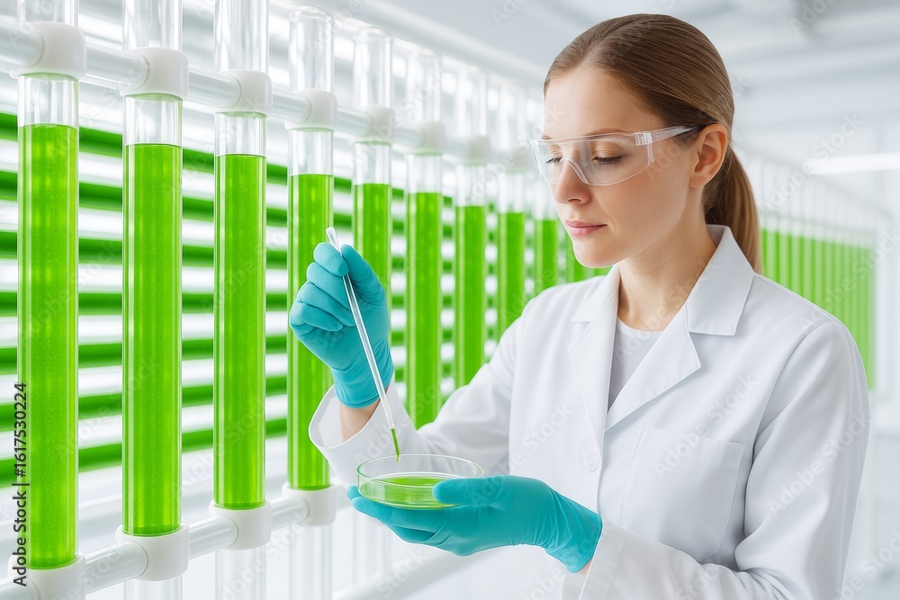 Aufkleber scientist analyzing green liquid in test tubes in a modern laboratory with bright light and clean ba