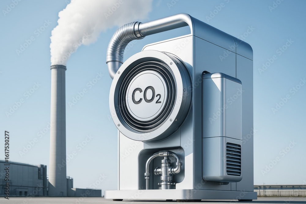 Poster co2 capture machine concept with industrial background and clear sky showing environmental technolog