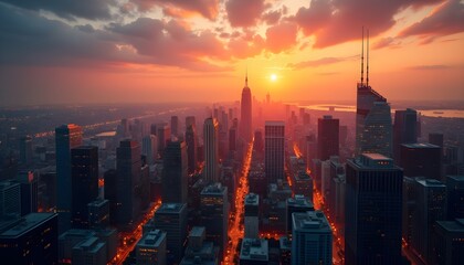 Obraz premium A dramatic sunset over a cityscape with tall buildings and a river in the distance
