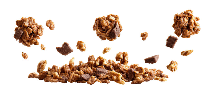 Chocolate-covered granola pieces in mid-air, scattered on a dark background