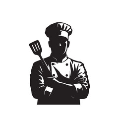 Silhouette of a chef in uniform holding a spatula isolated on white background