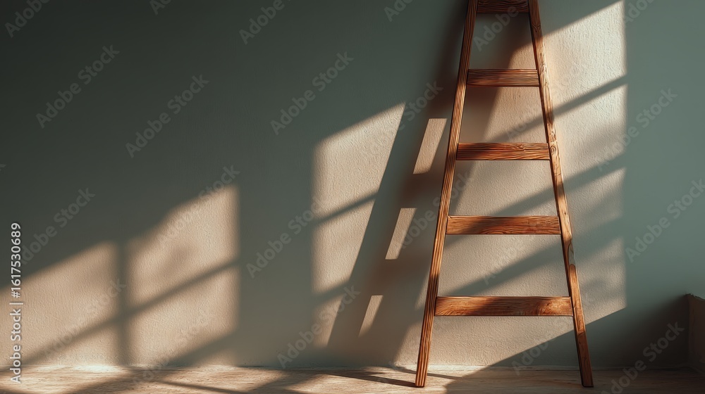 Poster a wooden ladder stands against a sunlit wall, with window shadows creating geometric patterns on the