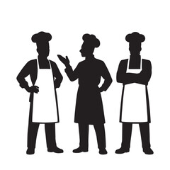 Three chefs in silhouette wearing aprons and hats isolated on white background silhouette