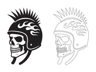 Punk Rocker Skull with Mohawk Helmet and Flames