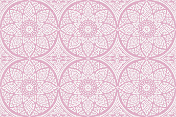Traditional Thai art pink lace seamless pattern in damask motif suitable for wallpaper, curtain, cloth, textile, tile and fabric design isolated illustration vector archive EPS file.