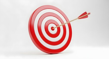 Arrow hitting the center of a red and white target isolated on white background