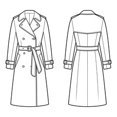 Trench coat technical fashion flat sketch. Double-breasted classic outerwear vector illustration with front and back views.