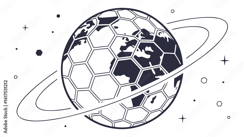 Poster a stylized globe with continents overlaid with a hexagonal grid and surrounded by a ring in space