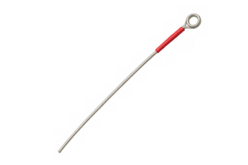 Studio shot of a long acupuncture needle with a red handle, isolated on a transparent background