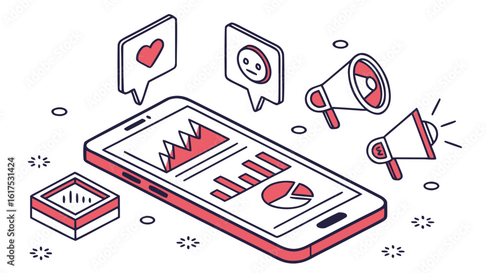 Aufkleber isometric smartphone displaying charts with megaphones and feedback speech bubbles around it