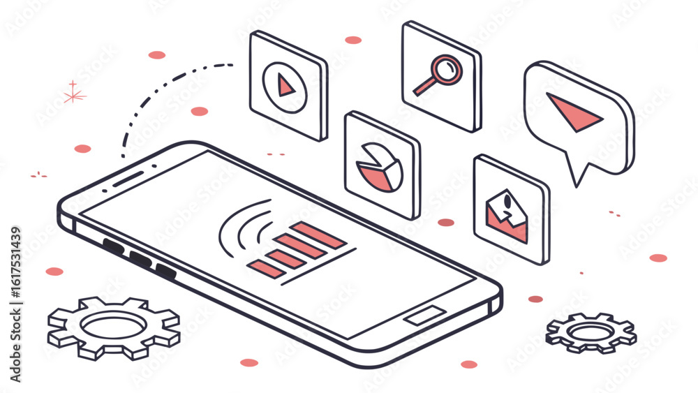 Poster isometric illustration of a smartphone with floating icons and gears on a white background