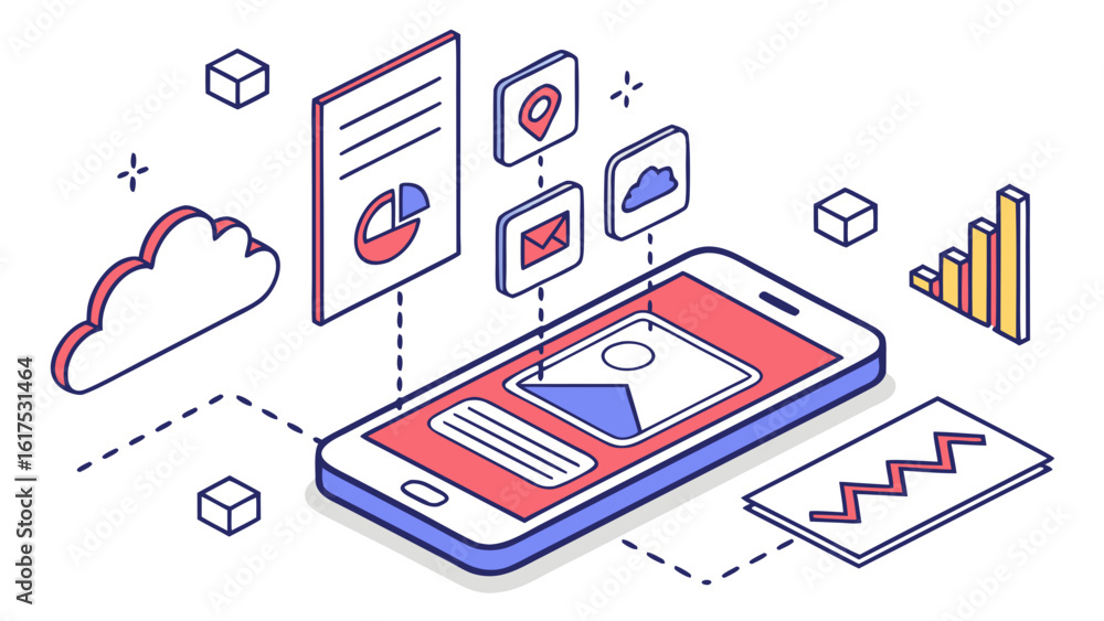 Poster isometric illustration of a smartphone with floating icons and data visualizations around it