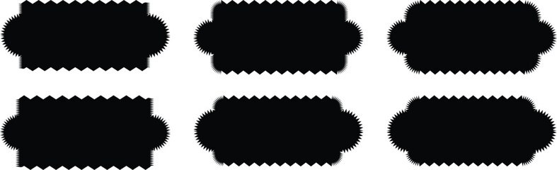 Black gizzag silhouette scalloped frames. Geometric shapes stickers with zigzag wavy edge. Set of frames with zigzag edge, scallop edge shapes