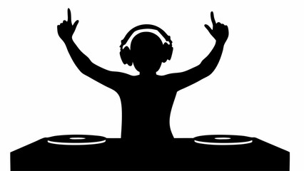 Silhouette of a dj with headphones raising hands in the air behind a turntable with two vinyl records