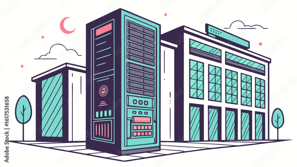 Poster illustration of a server rack in front of a building with trees and a moon in the background at nigh