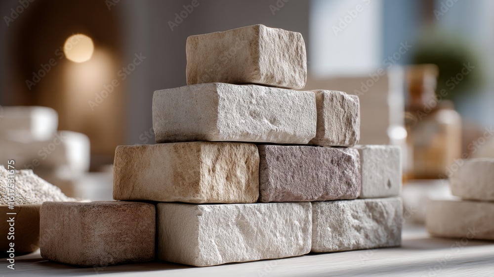 Poster a small stack of light-colored bricks arranged in a pyramid shape on a table in a sunlit room.