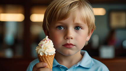 Joyful young boy with a big smile holding an ice cream cone on a sunny day
