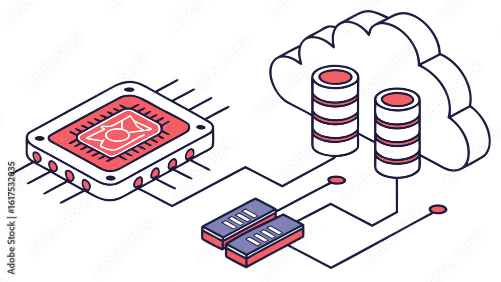 Poster isometric illustration of a chip connected to cloud storage through two server modules and lines