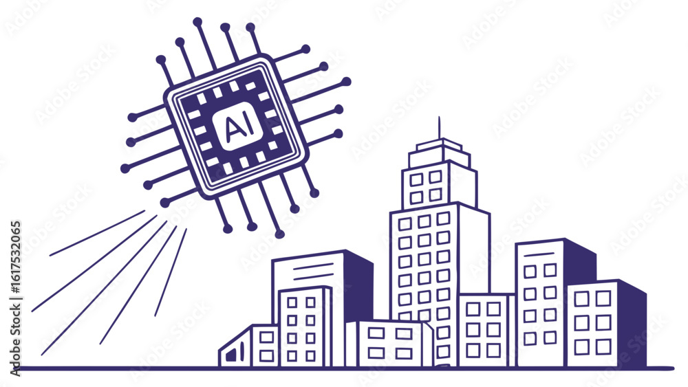 Poster ai chip hovering above a city skyline with buildings and a ground line in a simple line drawing styl