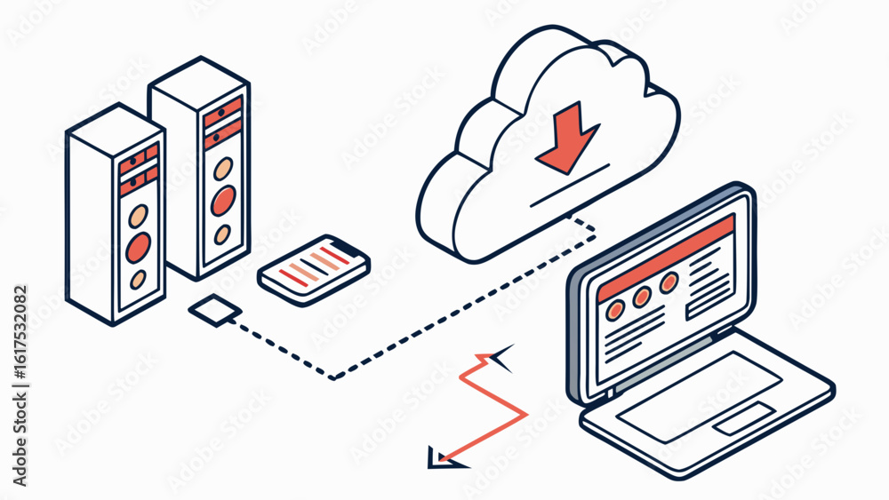 Poster illustration of servers connected to a cloud and a laptop via a mobile device network